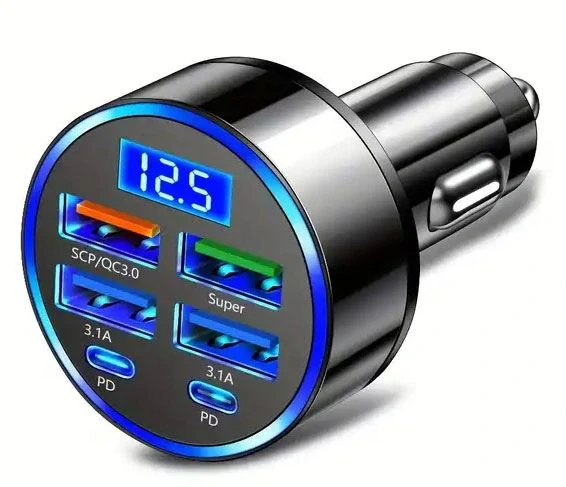 Autoadaptér USB 12V/5V s voltmetrem, 4x USB A+2x USB-C