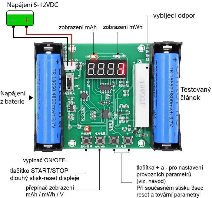 Tester Li-Ion článků 18650, modul XH-M240, měřič kapacity