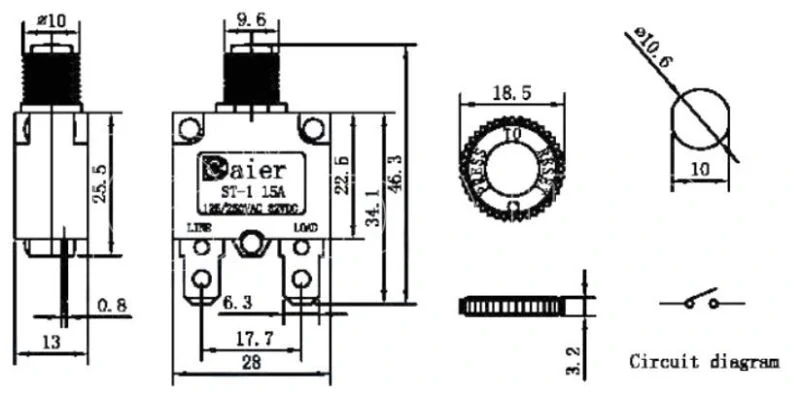 Nadproudový tepelný jistič ST-1 250VAC/20A nebo 32VDC/20A