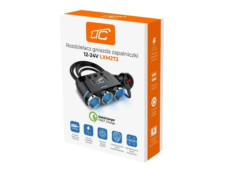 Rozbočovač do autozásuvky zapalovače 12-24V USB 3.1A s voltmetrem
