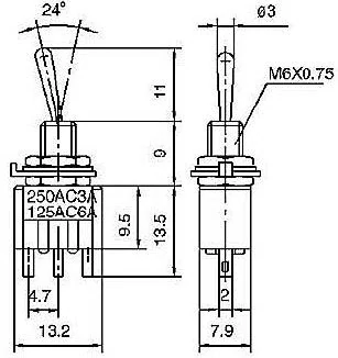 Přepínač pačkový MTS-102, ON-ON, 2pol. 250V/3A