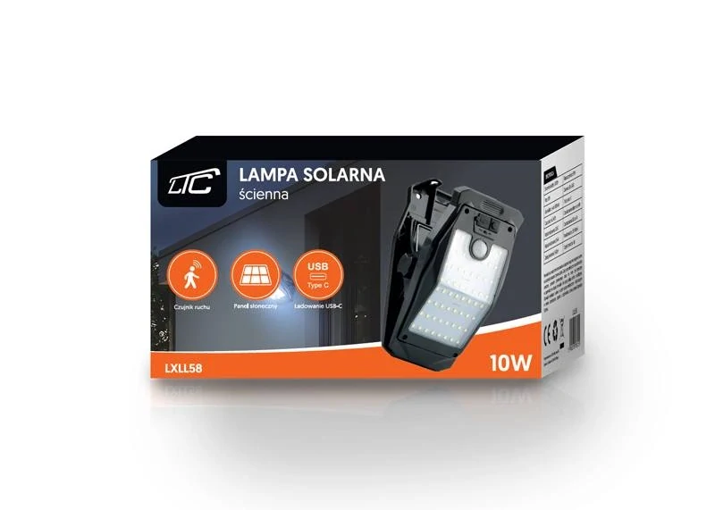 SOLÁRNÍ LAMPA LTC SMD 58 LED 10W 1000lm USB-C s klipem