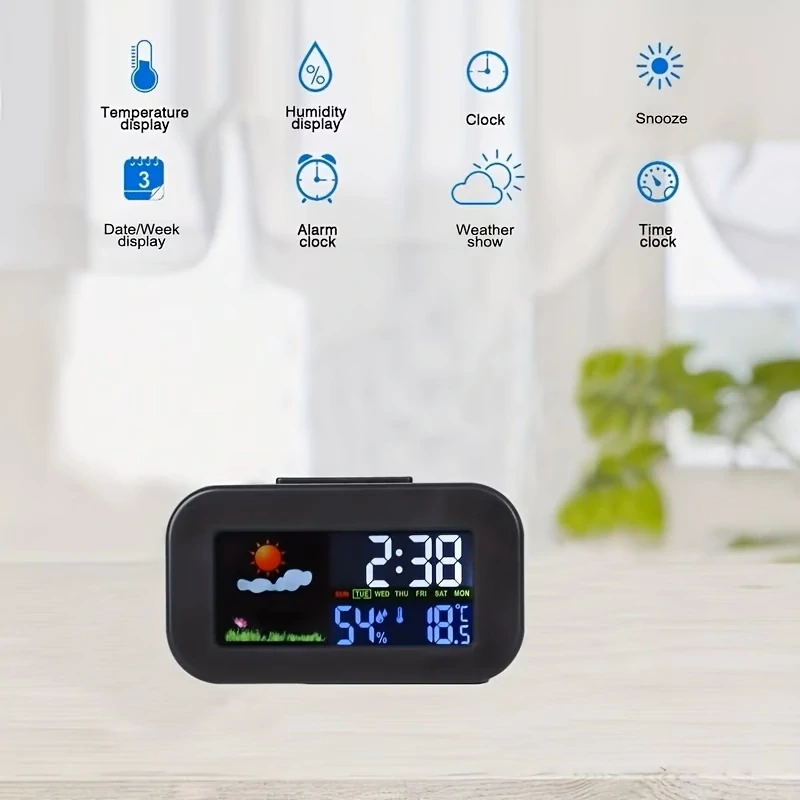 Digitální budík, teploměr, vlhkoměr, kalendář s barevnou obrazovkou
