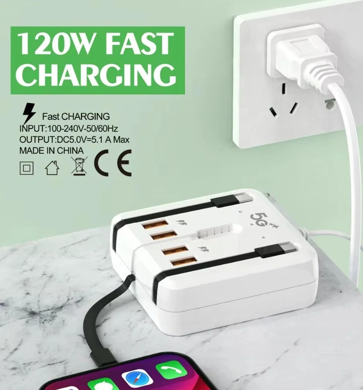 Nabíječka HUB 4x USB + 3x USB-C kabely Lightning Micro USB s rychlonabíjením